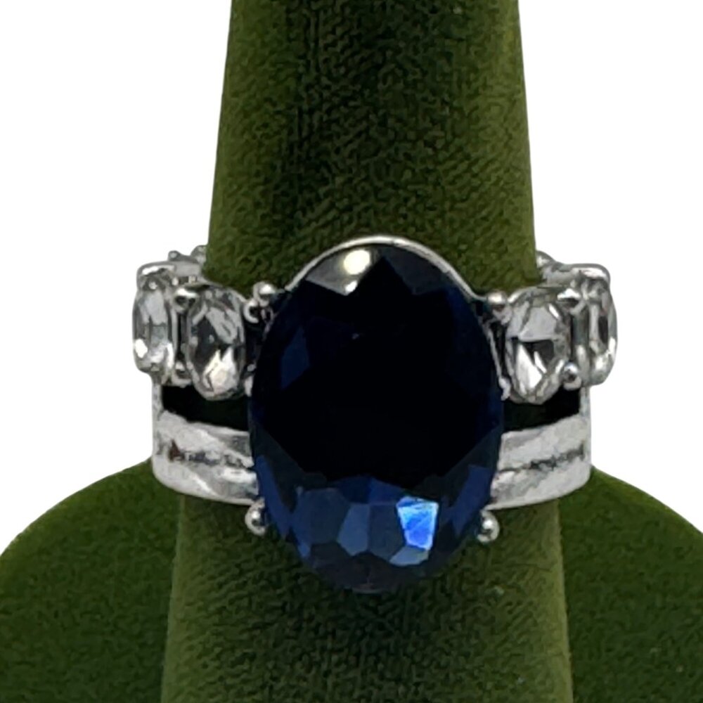 Silver-Toned Stretch Ring With Large Blue Gemstone & Clear Crystal Accents